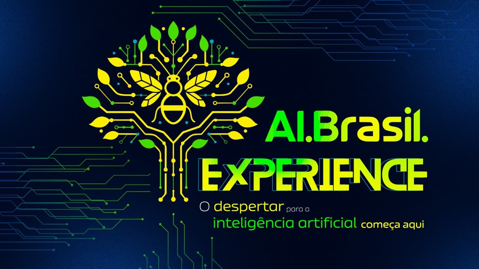 KV de evento de inteligência artificial em azul-escuro, com uma árvore desenhada em circuitos verdes e amarelos ao lado do nome do evento
