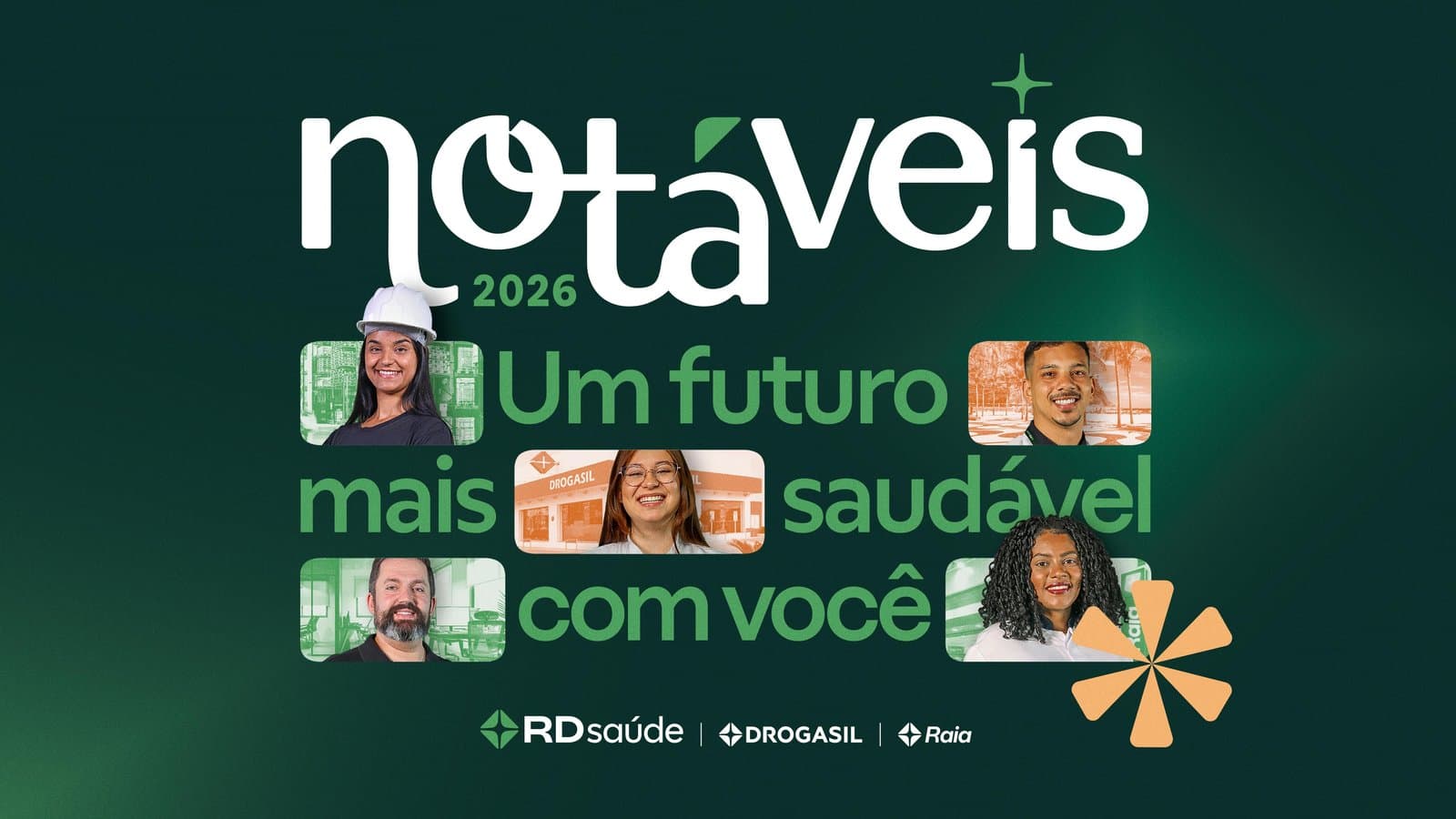 KV de evento em verde, com o nome em letras brancas, o mote em três linhas e fotos de colaboradores encaixadas entre as palavras