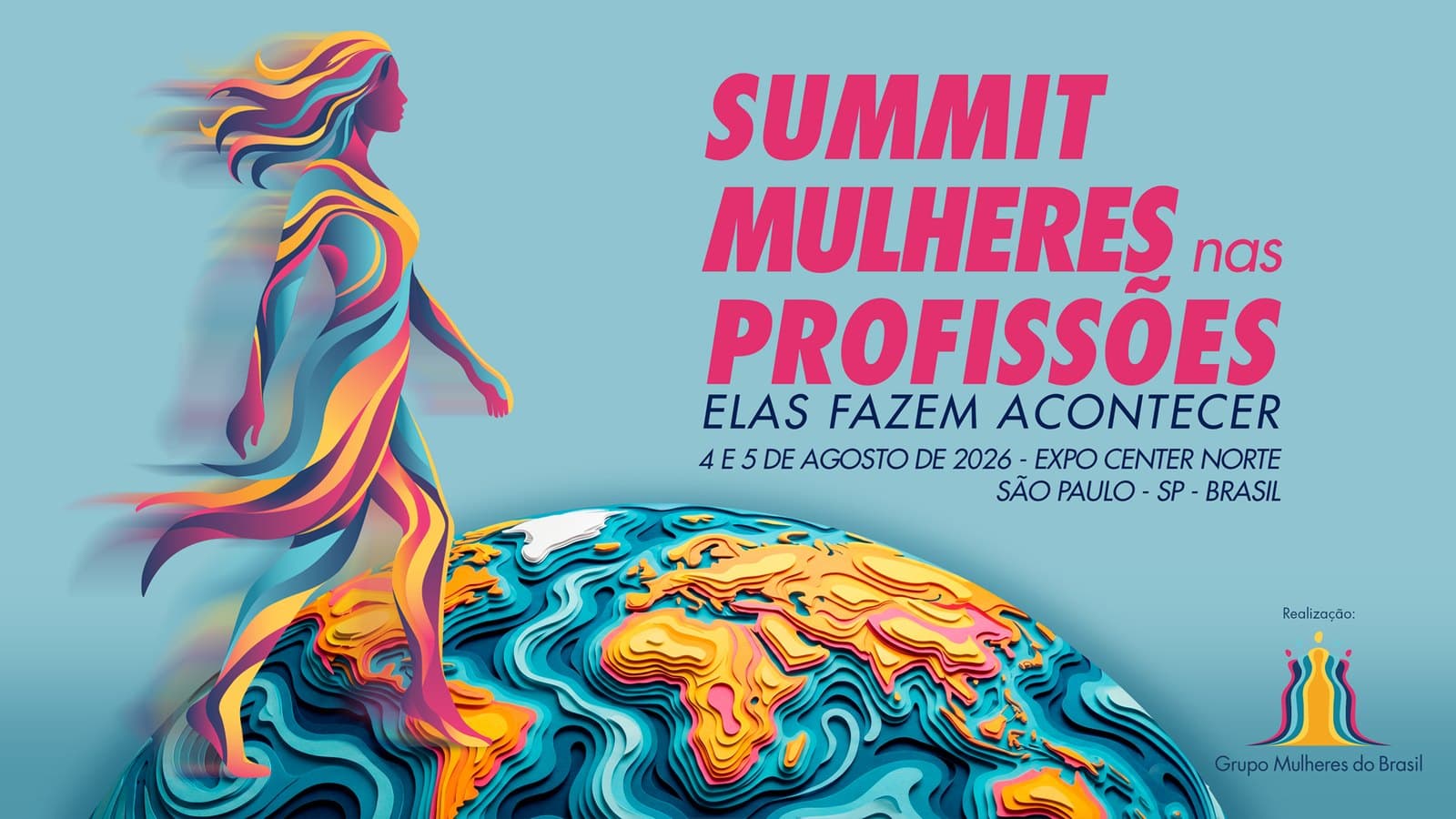 Capa do Mídia Kit com o KV do evento, uma mulher estilizada caminhando sobre o planeta, e o nome do evento em rosa