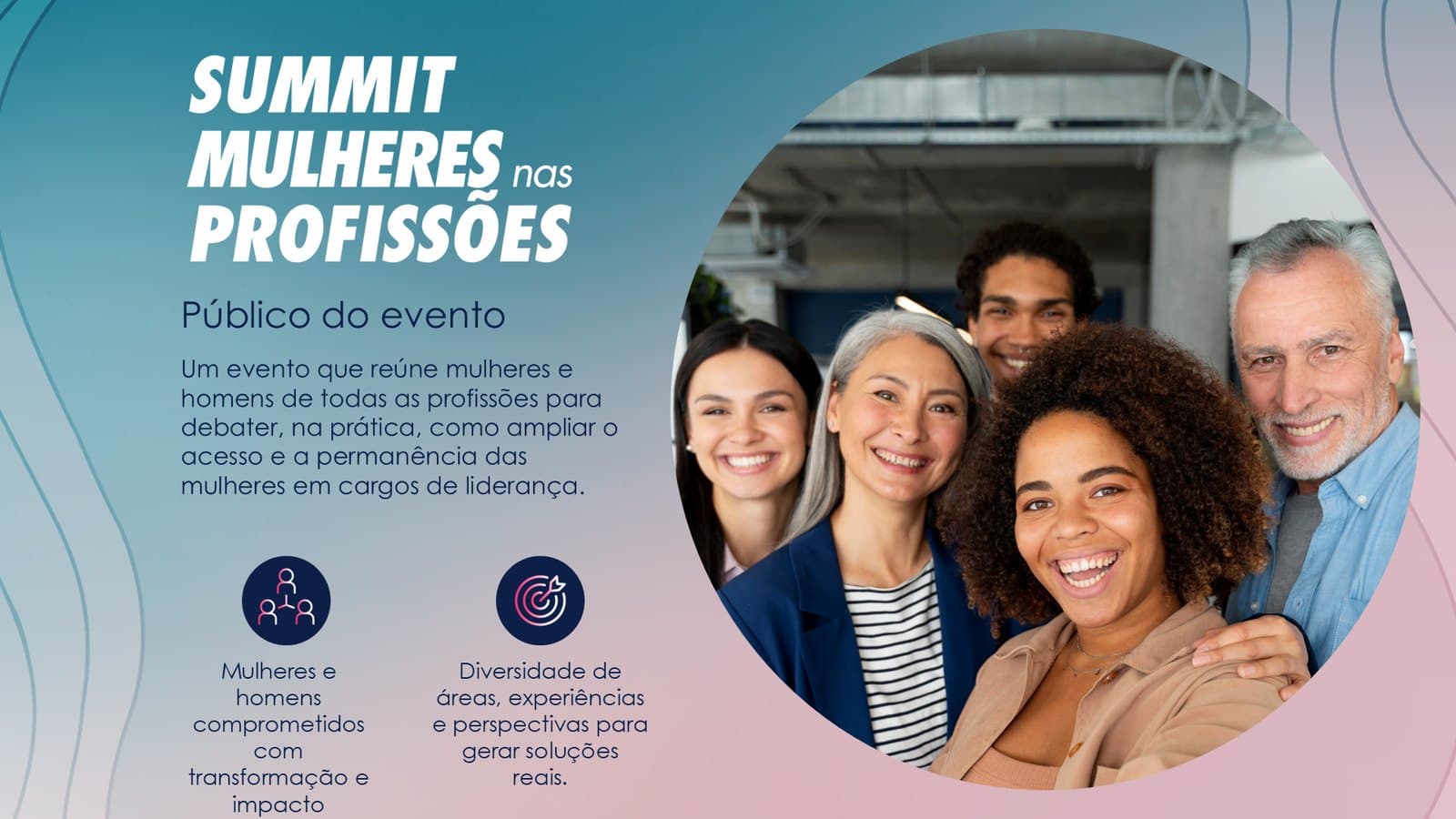 Página do Mídia Kit sobre o público do evento, com foto em moldura circular e ícones na identidade