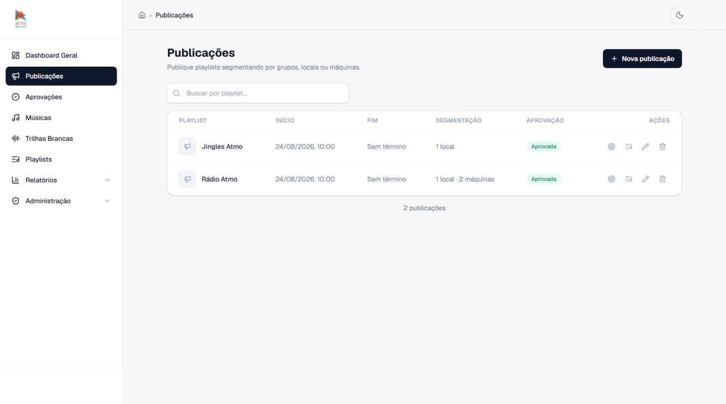 Tela de publicações do painel da Rádio Atmo, com as playlists agendadas, datas de início e status de aprovação