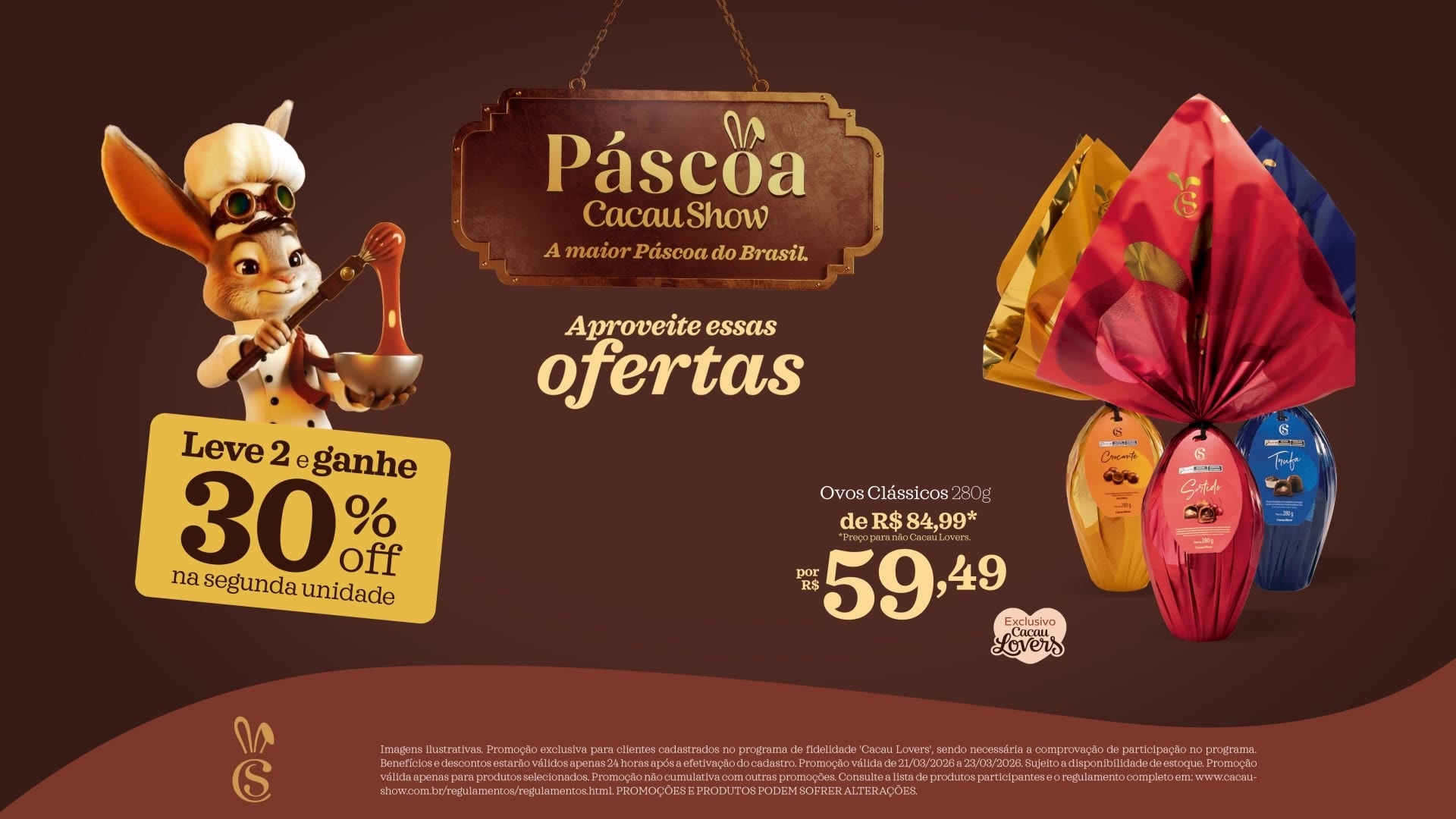 Peça animada de uma campanha de Páscoa: o coelho mascote, a placa com o nome da campanha, as ofertas da semana e os ovos de chocolate embalados